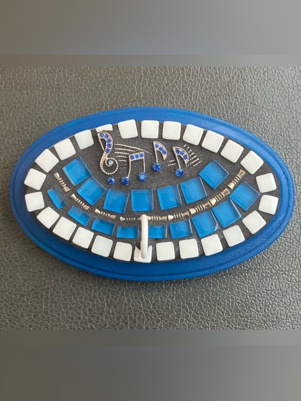 Handmade Wood & Glass Music Key or Chain Holder Oval Treble Clef Music Notes